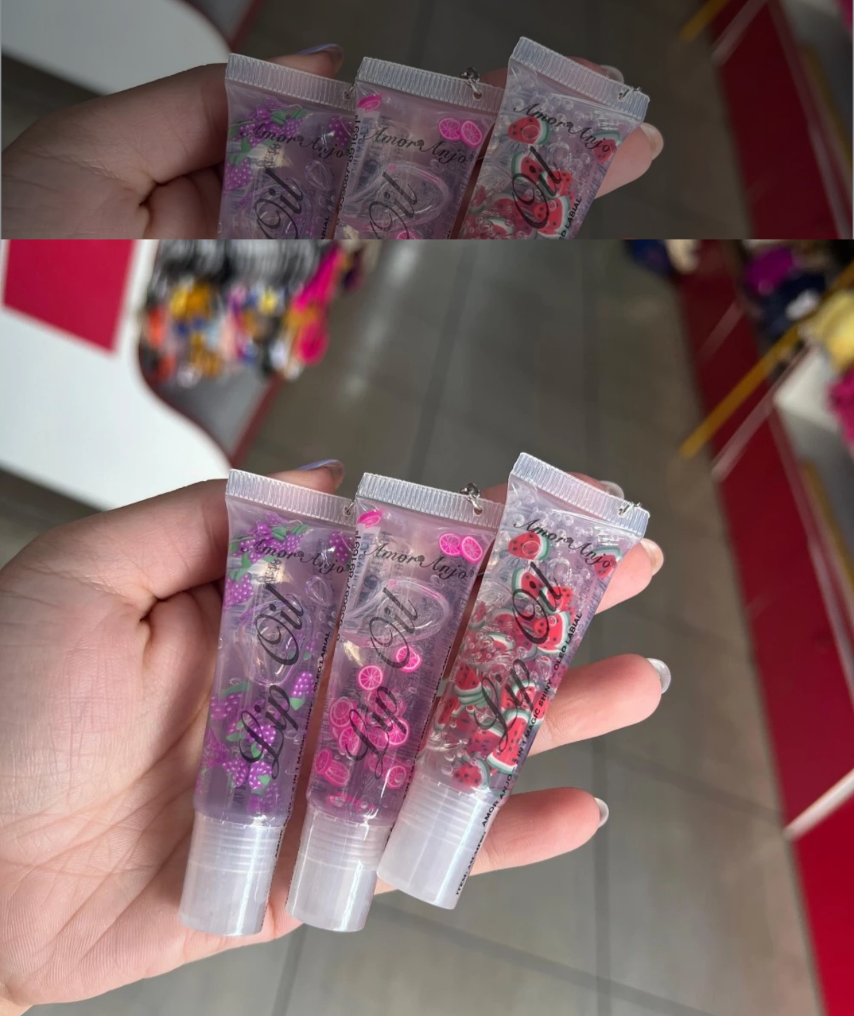 Lip Oil 2 em 1 Amor Anjo – Brilho Labial com Chaveiro e Frutinhas