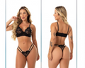 Conjunto Lingerie Strappy Luxo – Renda Floral Black com Tiras Duplas